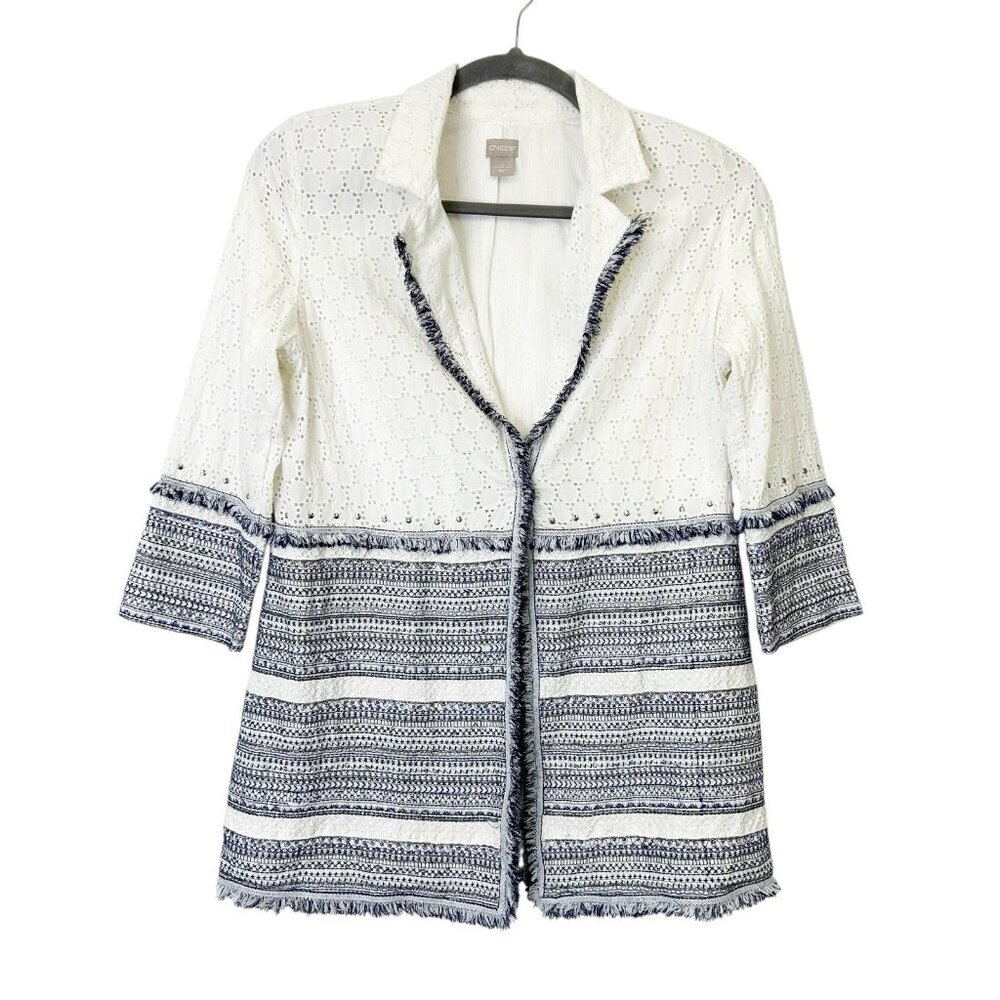 Chicos Eyelet Jacket Womens Size‎ 2 US 12 14 Large White Blue Cotton Linen